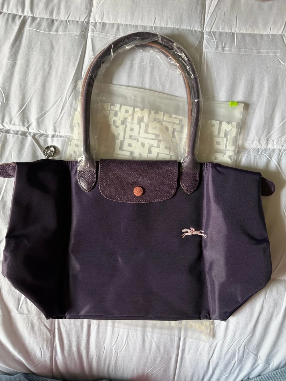 Longchamp Purple Nylon Tote with Pink Logo Accent